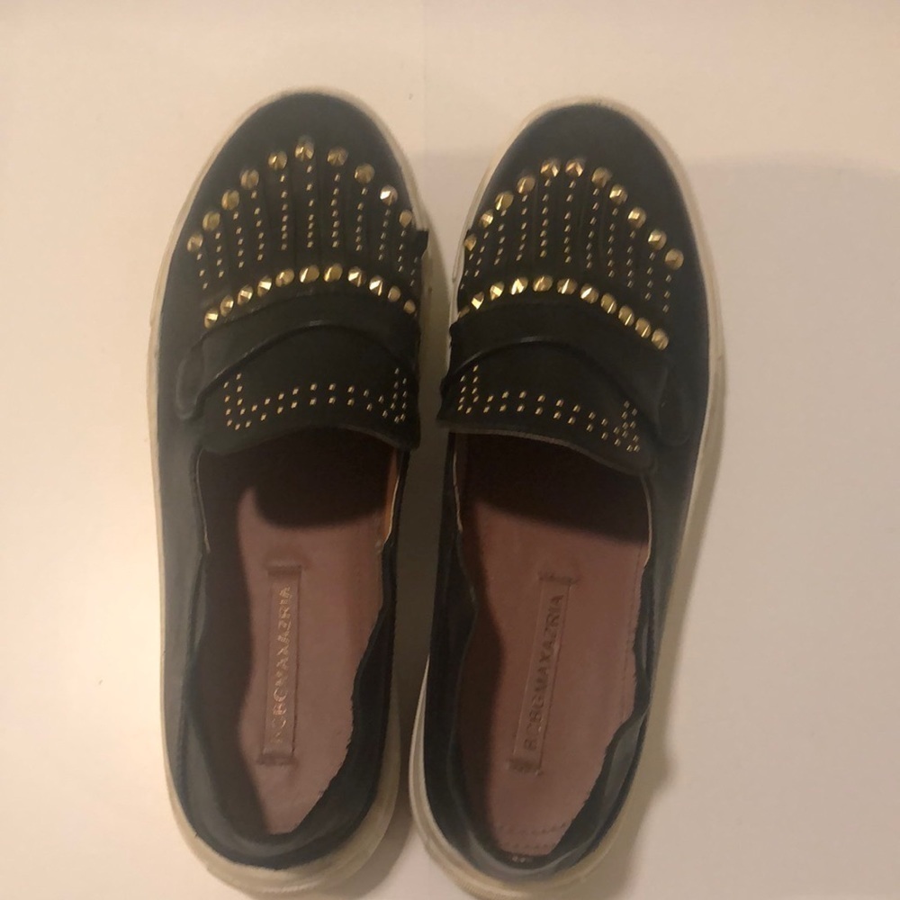 BCBG MAXAZRIA Dita slip on platform studded shoes in black gold cow leather
